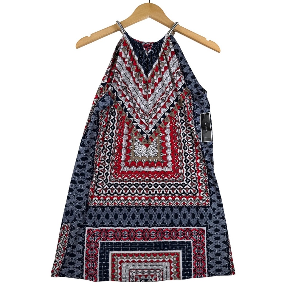 NWT Alfani Geometric Medallion Halter Mini Dress size Small Blue/Red/White